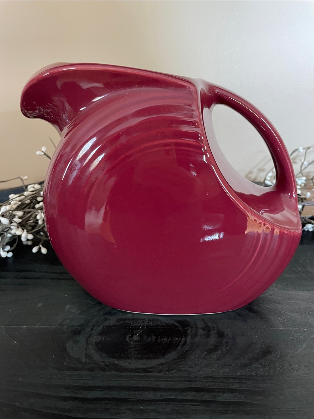 Vintage “fiesta” Homer Laughlin Cinnabar Burgundy 7” Disc Pitcher - 64 oz.